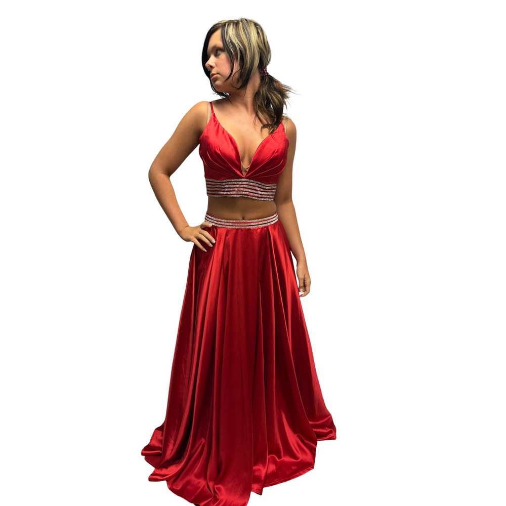 Sherri Hill Red Satin 2 Piece Rhinestone Prom Gown Set Size 6 Dance Elegant